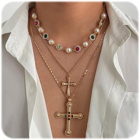 Gold Plated Layered Cross Necklace Colorful Crystal Statement Chain - Picture 7 of 7